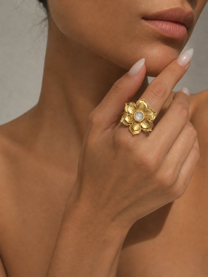 RISE Rainbow Moonstone Lotus Flower Ring Gold