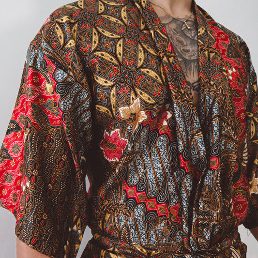 Red, Yellow & Blue Floral Silk Kimono & Shorts Set for Men