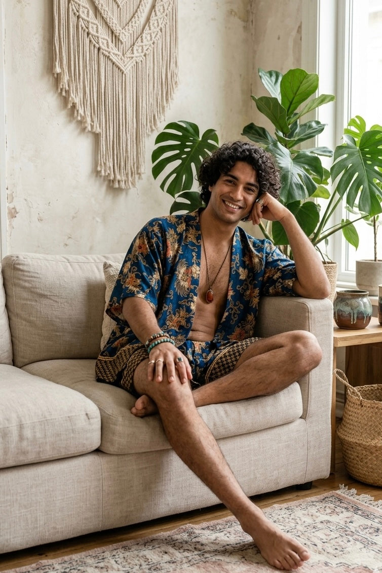 ROYALE Blue Floral Silk Kimono Shorts Set Mens