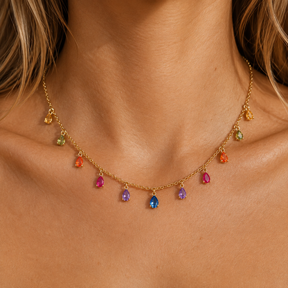 NIA Regenbogen-Tropfen-Zirkon-Charm-Halskette, Gold 925 Silber