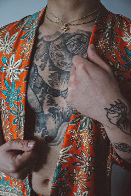 Burnt Orange Floral Silk Kimono Shorts Set Mens