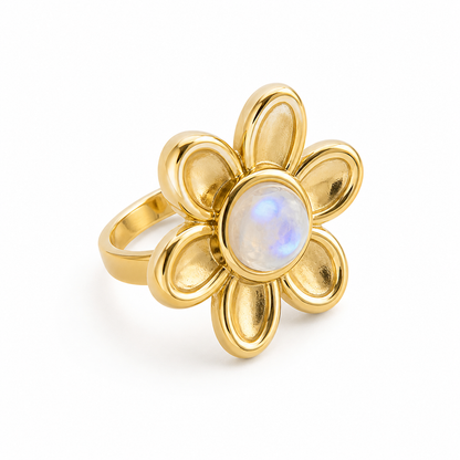 AZALEA Rainbow Moonstone Flower Ring Gold