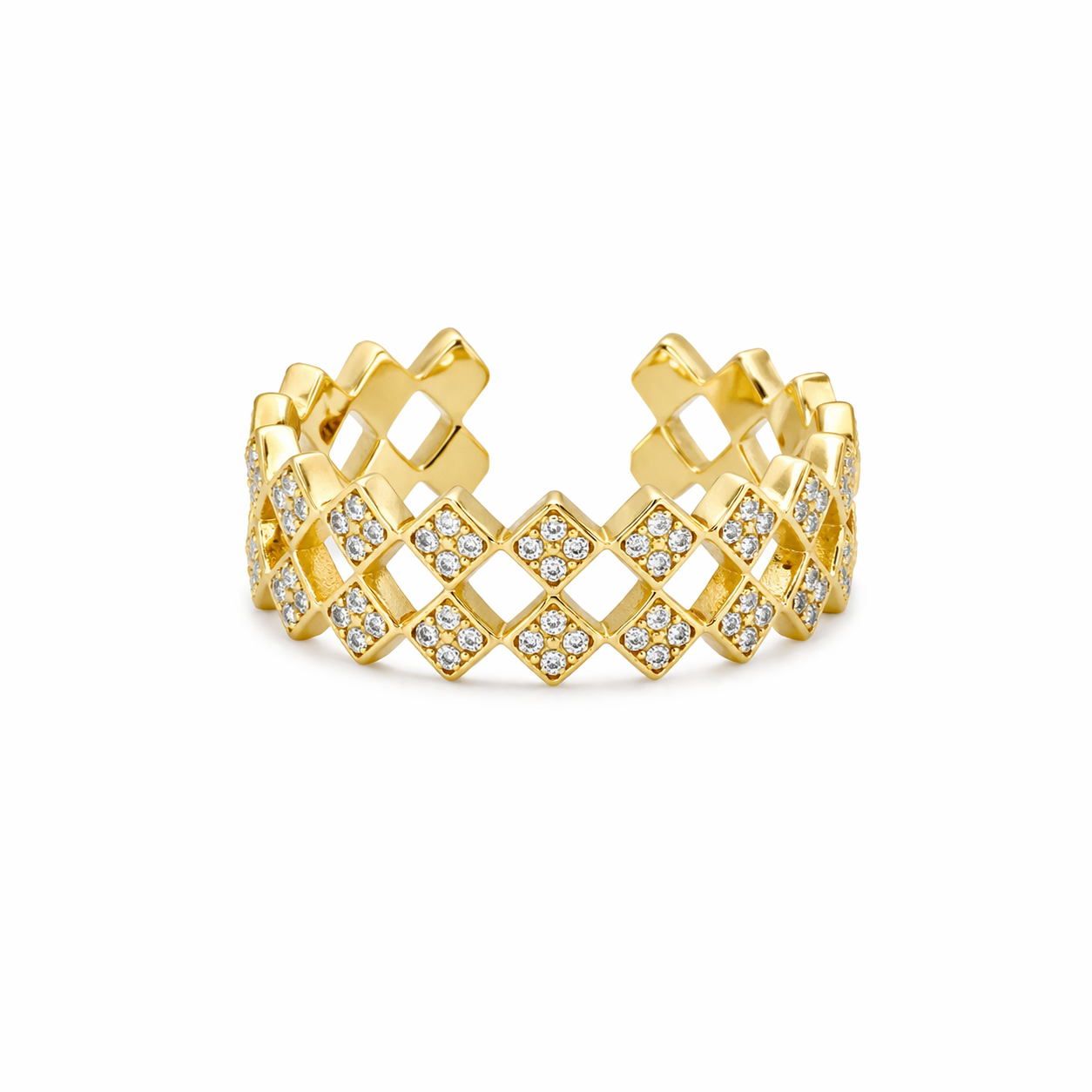 Gold hoop earrings with lattice design and clear stones on a white background