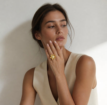 AZALEA Rainbow Moonstone Flower Ring Gold