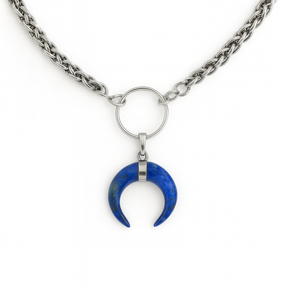 AURA Lapis Lazuli Horn O Ring Wheat Chain Choker Silver