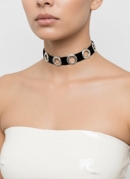 NOCTRA Velvet Grommet Choker Black/Silver