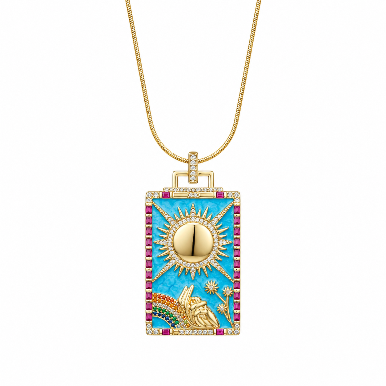 Luxury pendant necklace with gold and blue design on a white background