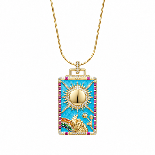 Luxury pendant necklace with gold and blue design on a white background