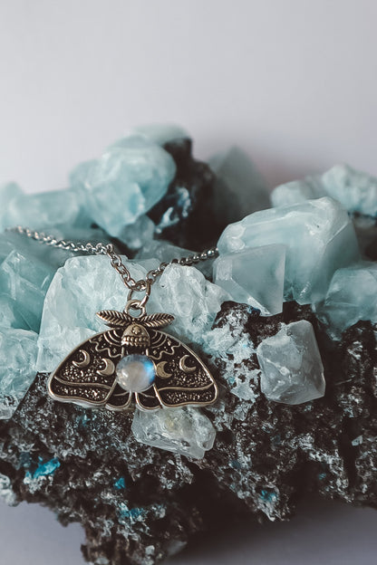 Moon Moth Pendant Necklace - 4 Gemstones - Silver