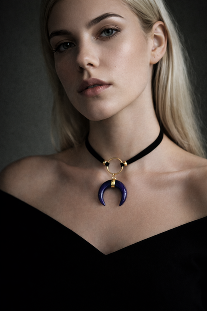 ASTRA Lapis Lazuli Crescent Moon O Ring Choker Gold