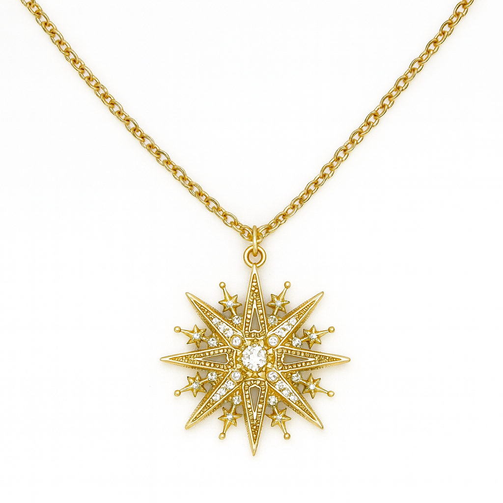 Gold star-shaped pendant necklace on a white background