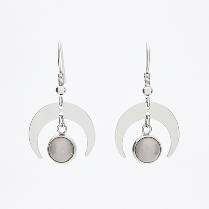 MOON SHADOW Rose Quartz Dainty Moon Earrings Silver