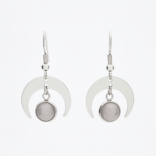 MOON SHADOW Rose Quartz Dainty Moon Earrings Silver