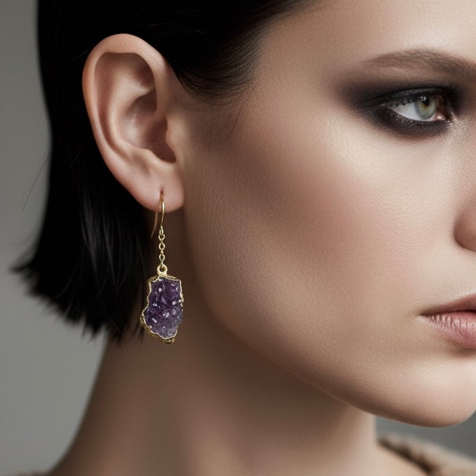 AMARA Raw Amethyst Cluster Chain Charm Earrings Gold