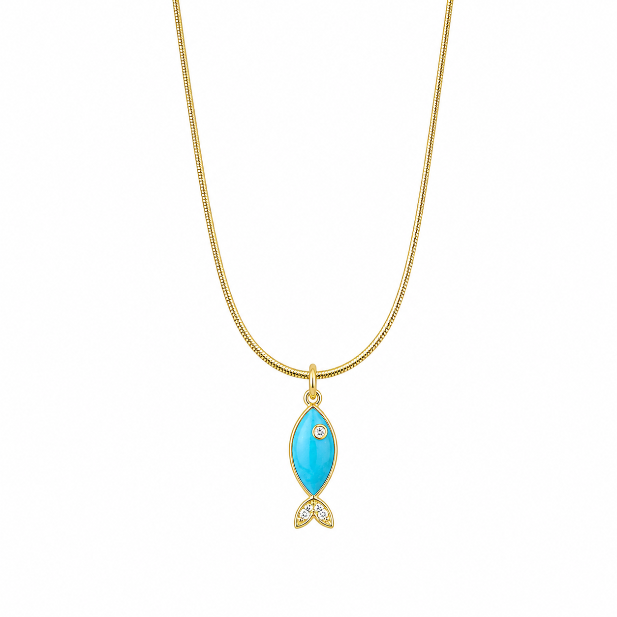 Gold necklace with a turquoise pendant on a white background