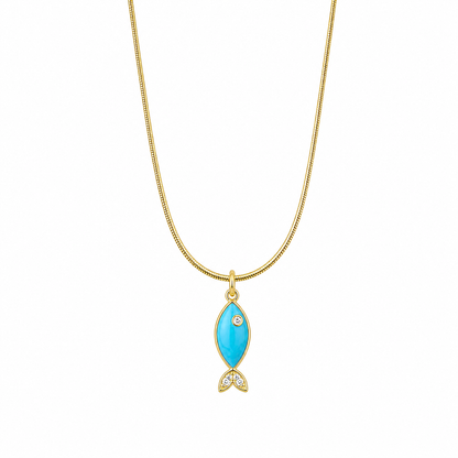 Gold necklace with a turquoise pendant on a white background