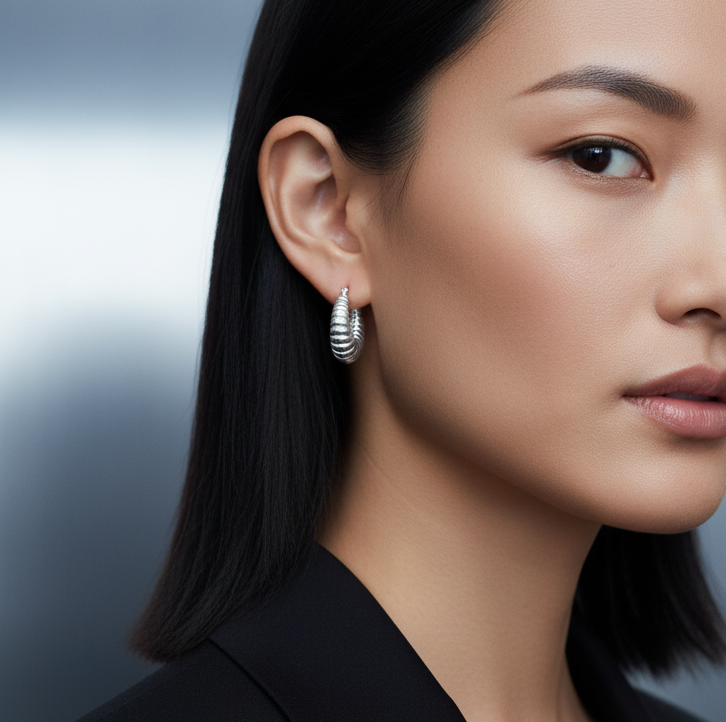 Close-up of a woman wearing silver earrings with a blurred background