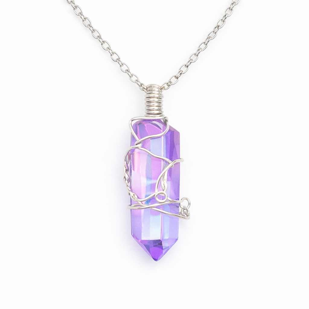 Purple crystal pendant necklace on a white background