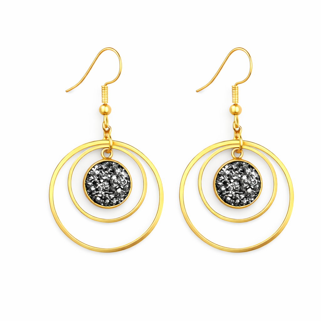 ANETHA Black Druzy Hoop Earrings Gold