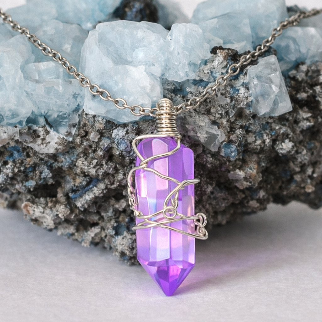 Iris Draht gewickelt Lila Aura Quarz Halskette Silber