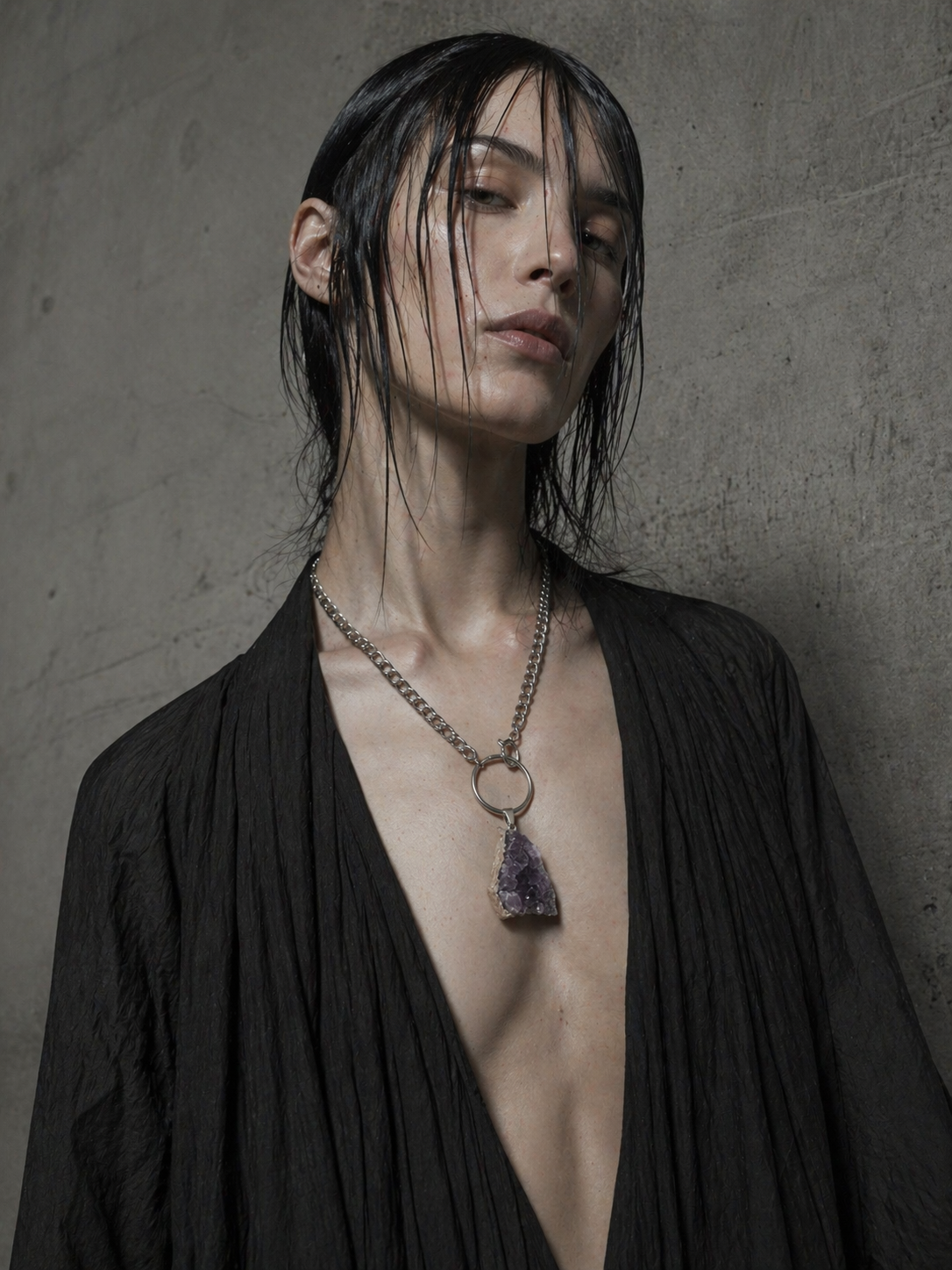 ECHELON Raw Amethyst O Ring Choker Necklace Silver