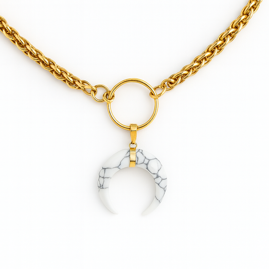 Gemstone Horn O Ring Wheat Chain Choker - Gold