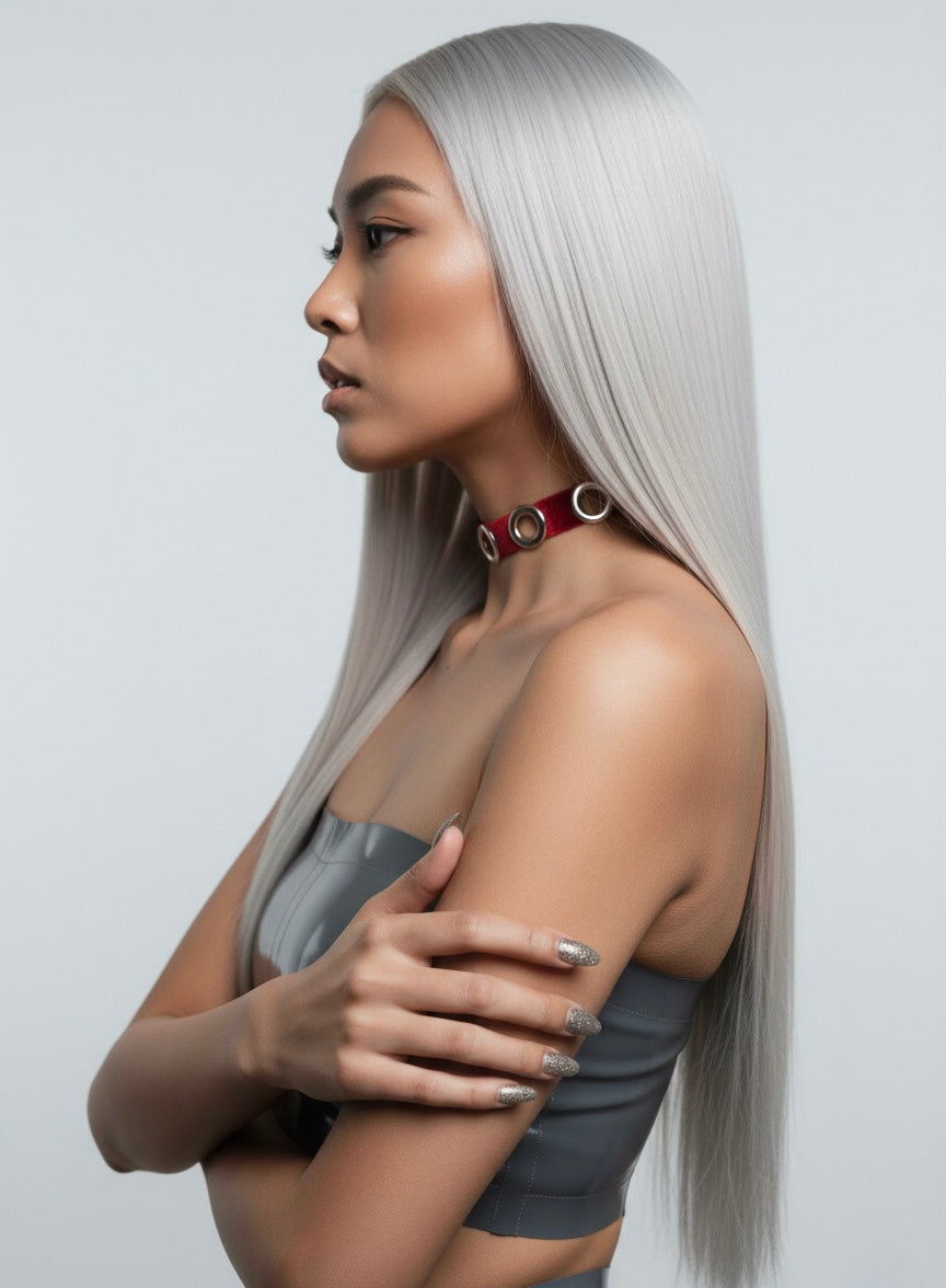 NOCTRA Velvet Grommet Choker Red/Silver