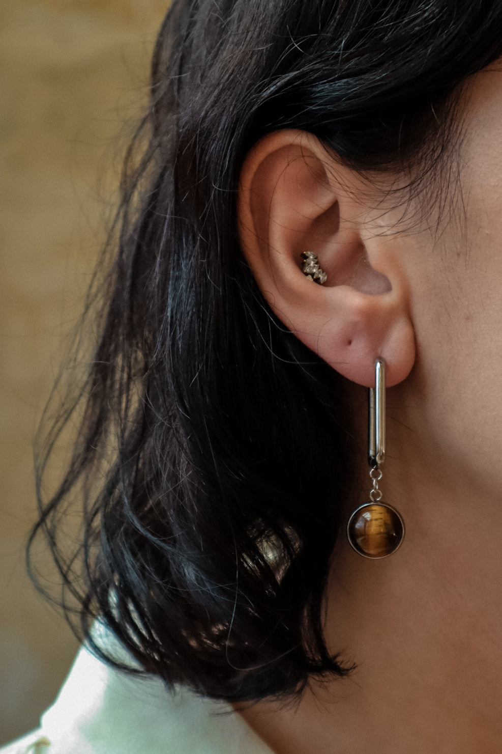 CARRE Tiger's Eye Rectangle Hoop Earrings Silver