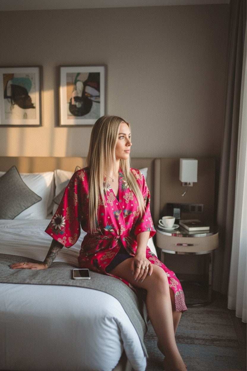 PLUMERIA Pink Floral Silk Kimono Robe