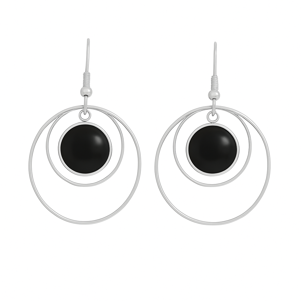 ANETHA Black Onyx Hoop Earrings Silver