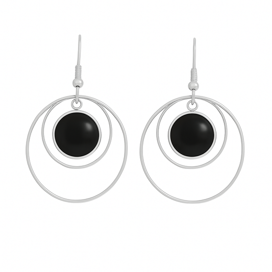 ANETHA Black Onyx Hoop Earrings Silver