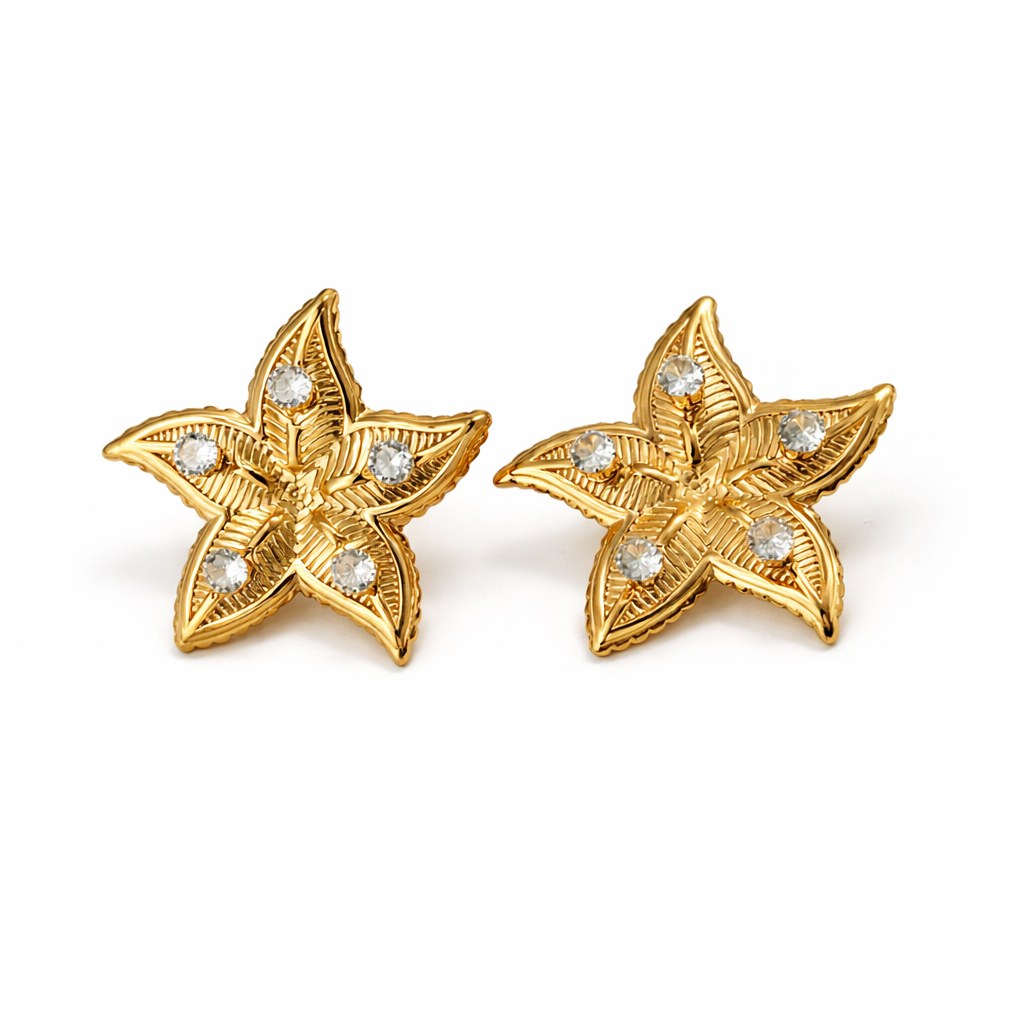 Pair of gold star-shaped earrings with diamond-like stones on a white background