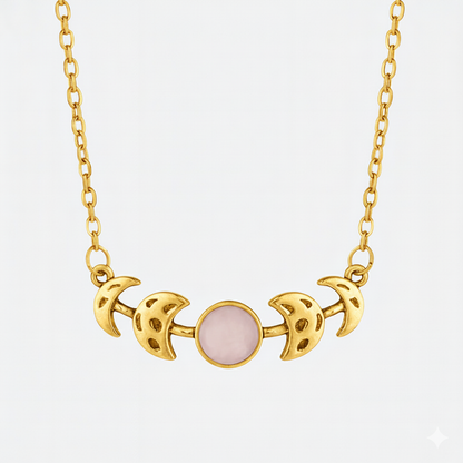 MOON PHASES Rose Quartz Necklace Gold