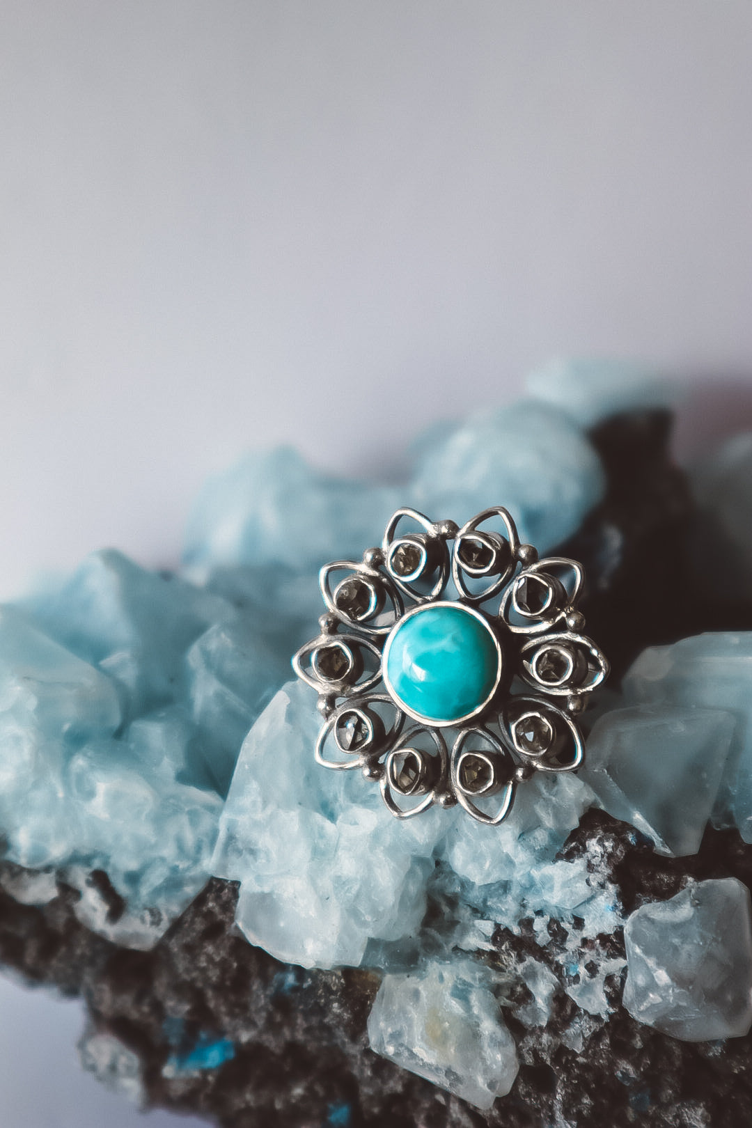 DOMINICA Larimar and Herkimer Diamond Ring - 925 Silver