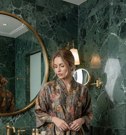 Silver Orange Floral Silk Kimono Robe Womens