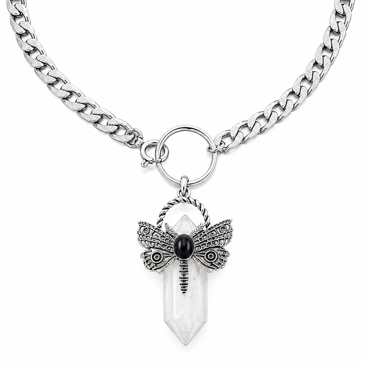 XAYA Crystal Quartz Moth Pendant Choker Necklace Silver
