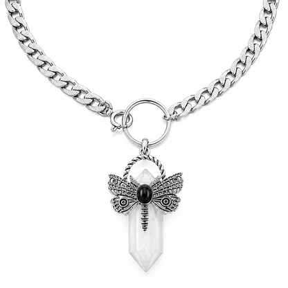 XAYA Crystal Quartz Moth Pendant Choker Necklace Silver