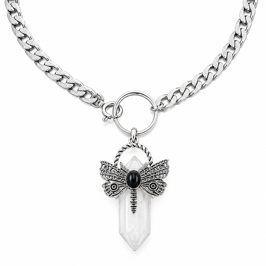XAYA Crystal Quartz Moth Pendant Choker Necklace Silver
