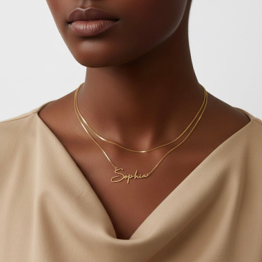 Personalized Name Modern Script Font Box Chain Necklace Gold