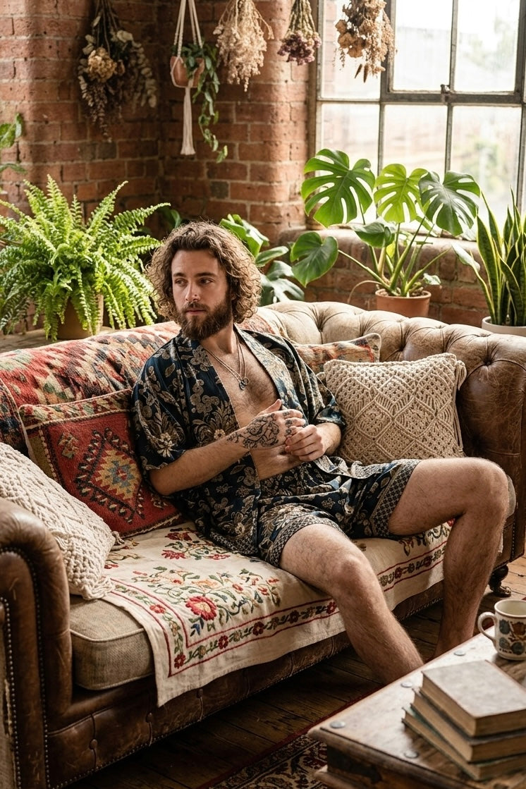 Schwarzgoldenes Kimono-Shorts-Set aus Seide mit Blumenmuster für Herren