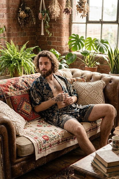 Schwarzgoldenes Kimono-Shorts-Set aus Seide mit Blumenmuster für Herren