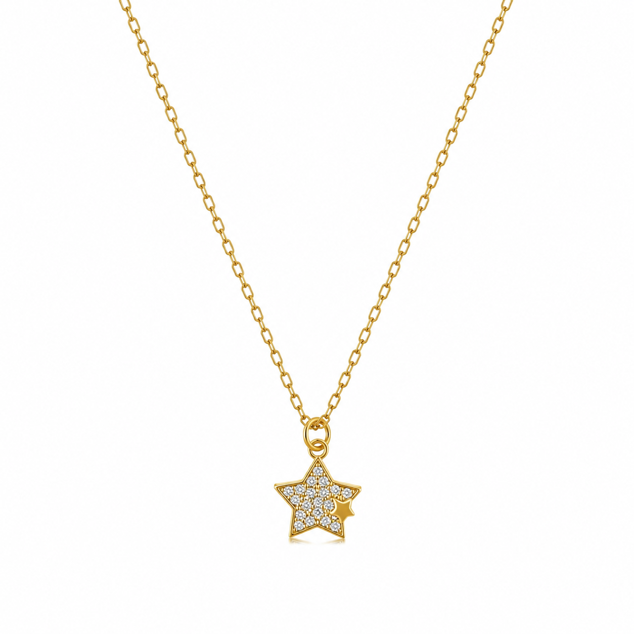 Gold necklace with a star-shaped pendant on a white background