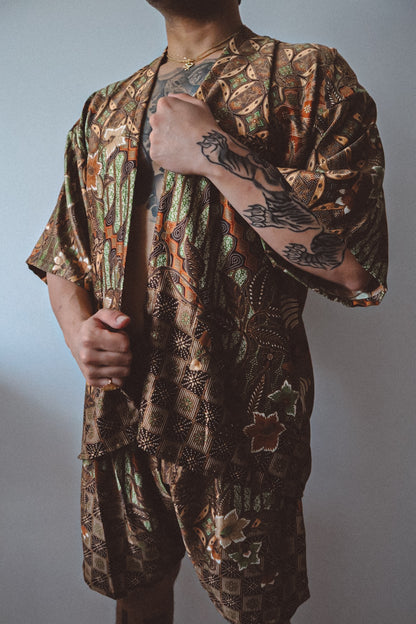 Brown Gold Silk Kimono and Shorts Set Mens - Earth Nomad