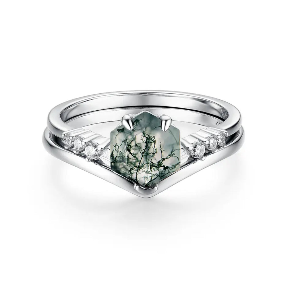 ARANYA Moss Agate  Engagement Ring Set - 925 Silver