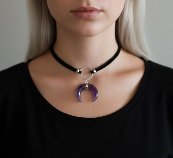 ASTRA Amethyst Crescent Moon O Ring Choker Silver