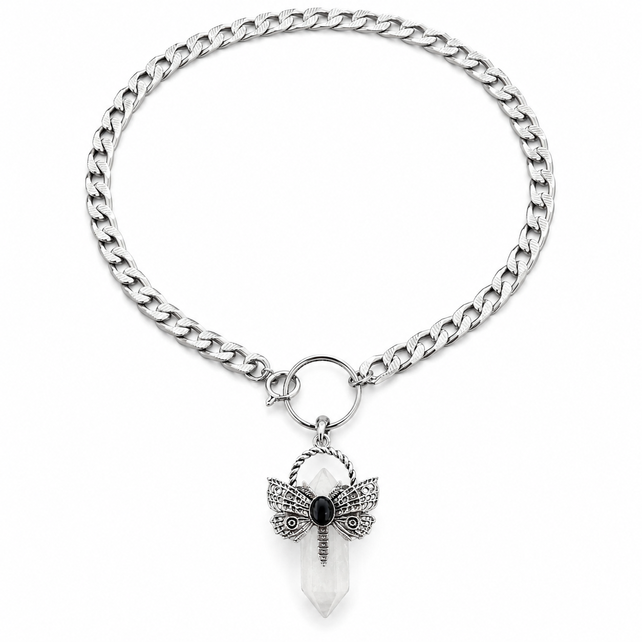 XAYA Crystal Quartz Moth Pendant Choker Necklace Silver