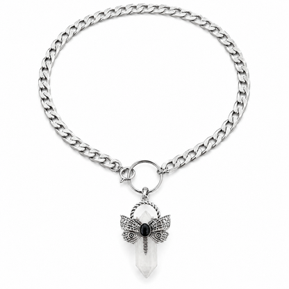 XAYA Crystal Quartz Moth Pendant Choker Necklace Silver
