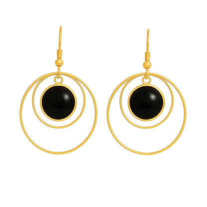 ANETHA Black Onyx Dangle Hoop Earrings Gold
