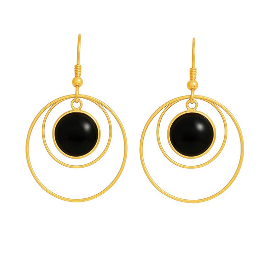 ANETHA Black Onyx Dangle Hoop Earrings Gold