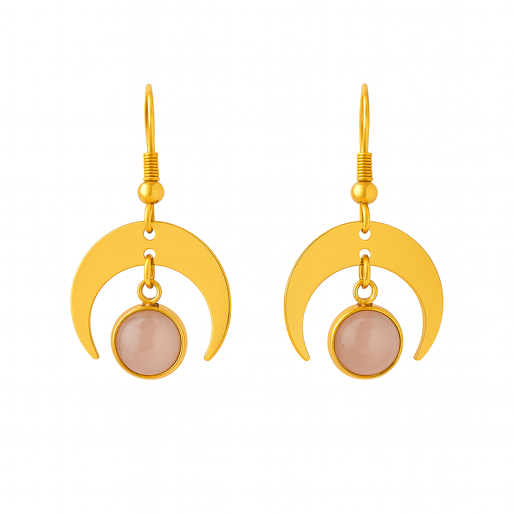 MOON SHADOW Rose Quartz Dainty Moon Earrings Gold
